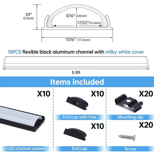 Muzata 3.3FT/1M Flexible Black LED Channel with Milky White LED  Diffuser Cover Bendable Aluminum Track U106 BW