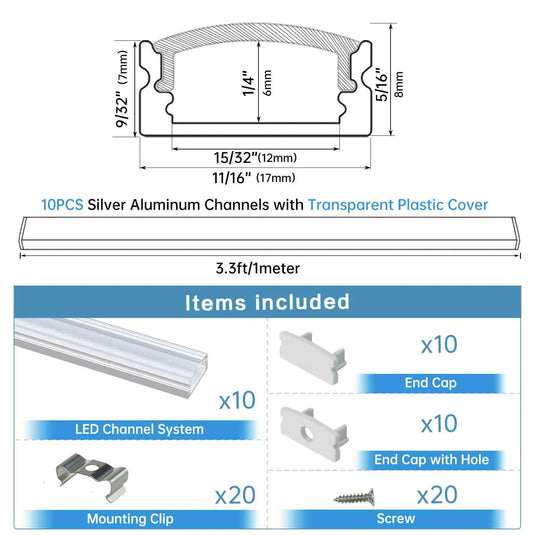 Muzata Silver LED Aluminum Channel with Crystal Transparent Cover Lens U1SW WT