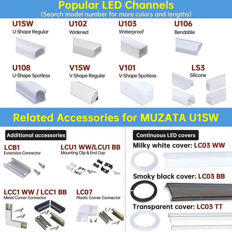 Load image into Gallery viewer, Muzata Silver LED Aluminum Channel with Crystal Transparent Cover Lens U1SW WT
