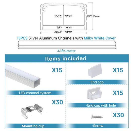 Muzata 3.3FT/1M Plus-Size LED Channel System for Waterproof Silver LED Strip Channel 18x13mm Spotless Milky White Cover U103 WW