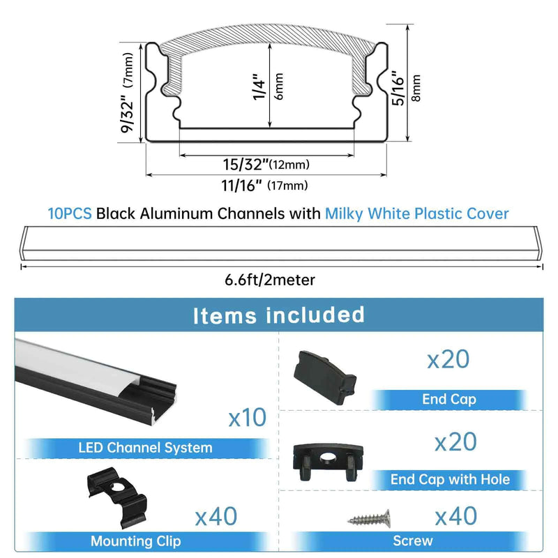 Load image into Gallery viewer, Muzata U-Shape Black LED Aluminum Channel System with Milky White Cover Lens U1SW BW
