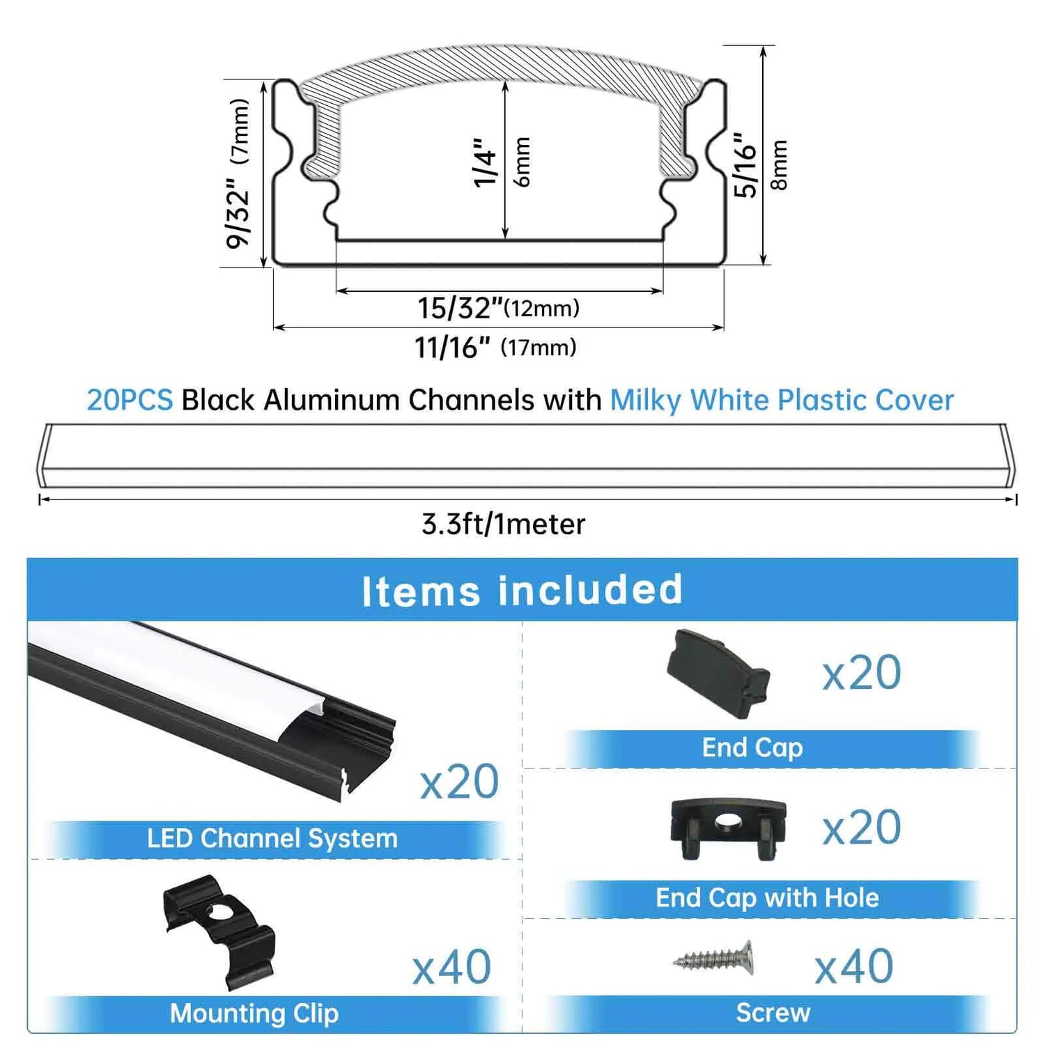 U-Shape Black LED Aluminum Channel System with Milky White Cover Lens ...