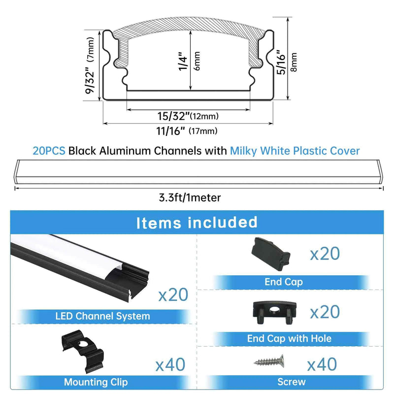 Load image into Gallery viewer, Muzata U-Shape Black LED Aluminum Channel System with Milky White Cover Lens U1SW BW
