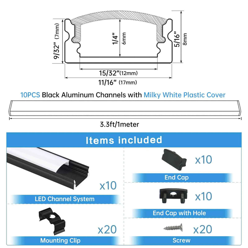 Load image into Gallery viewer, Muzata U-Shape Black LED Aluminum Channel System with Milky White Cover Lens U1SW BW
