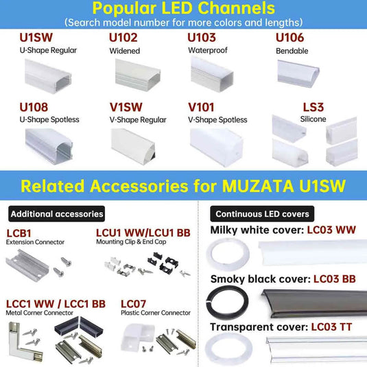 Muzata U-Shape Black LED Aluminum Channel System with Milky White Cover Lens U1SW BW